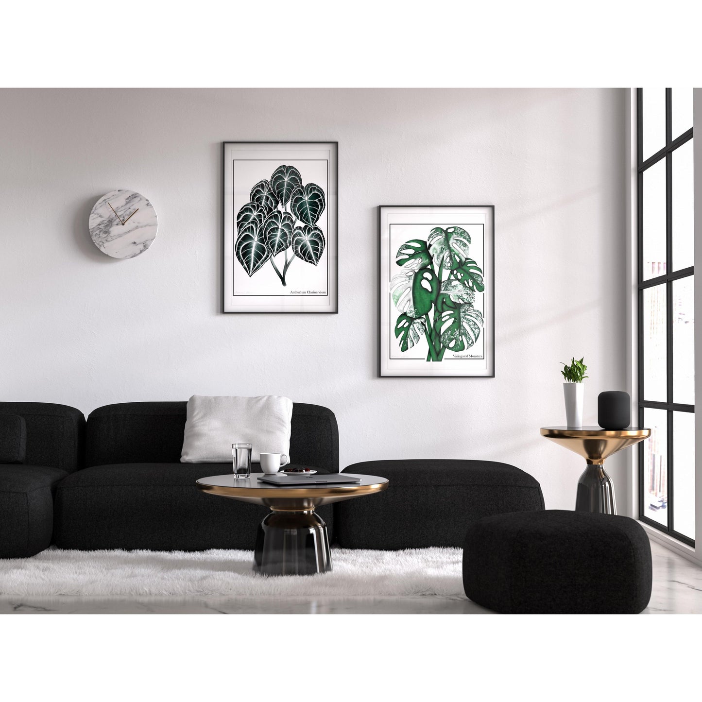 Anthurium Clarinervium and Monstera artwork framed and hanging side by side about a lounge in a vey modern setting