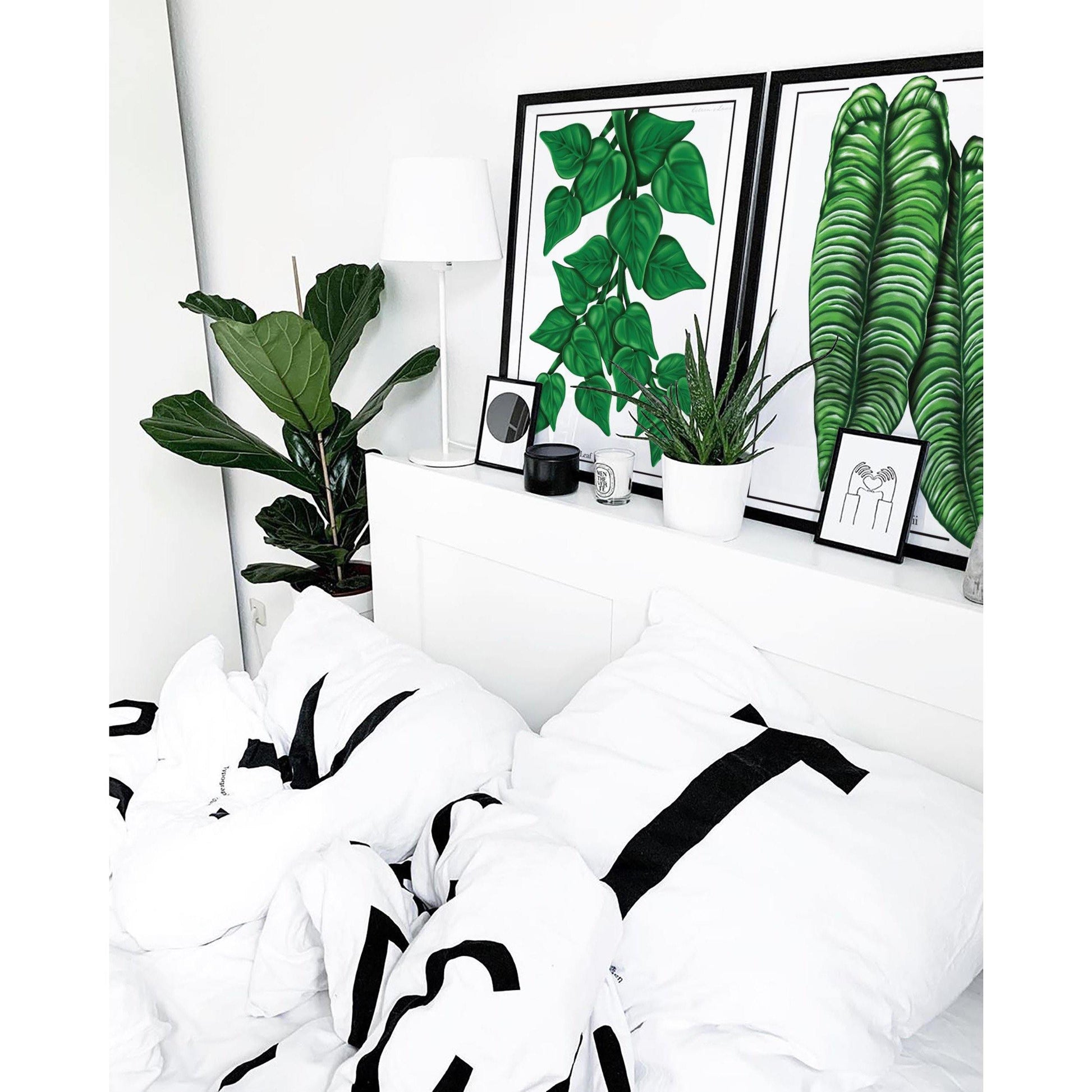 Anthurium Veitchii and heart leaf philodendron artworks hanging together above a bed